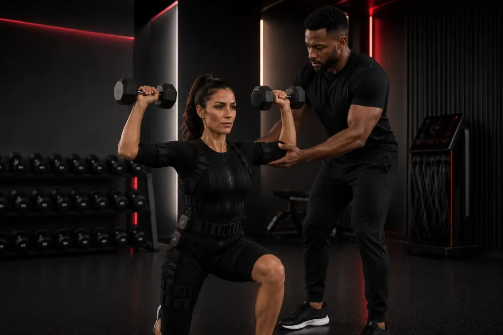 Person wearing an EMS suit lifting dumbbells with a coach nearby